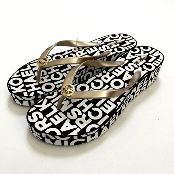 NWOB MICHAEL KORS Graphic Flip-Flop Wedge Sandals Slide On Thong Signature B&W - Picture 1 of 8
